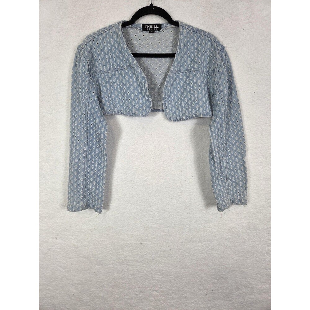 Thrill Jeans Crop Denim Jacket Womens M Blue Distressed Y2K Grunge Streetwear